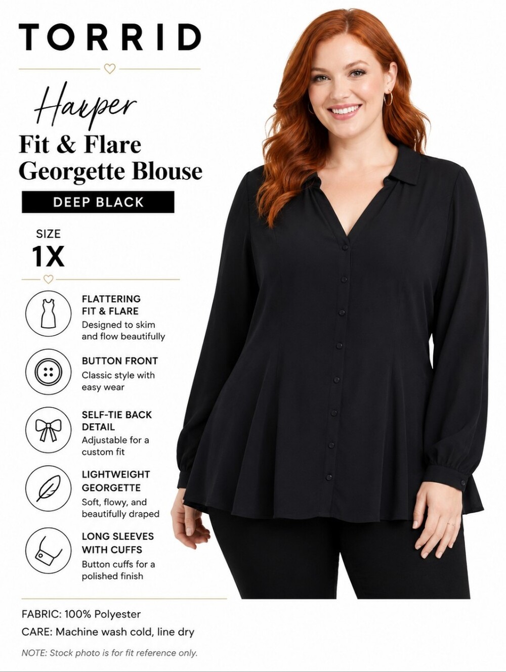 TORRID Harper Women's Deep Black Fit And Flare Georgette Blouse Size 1X